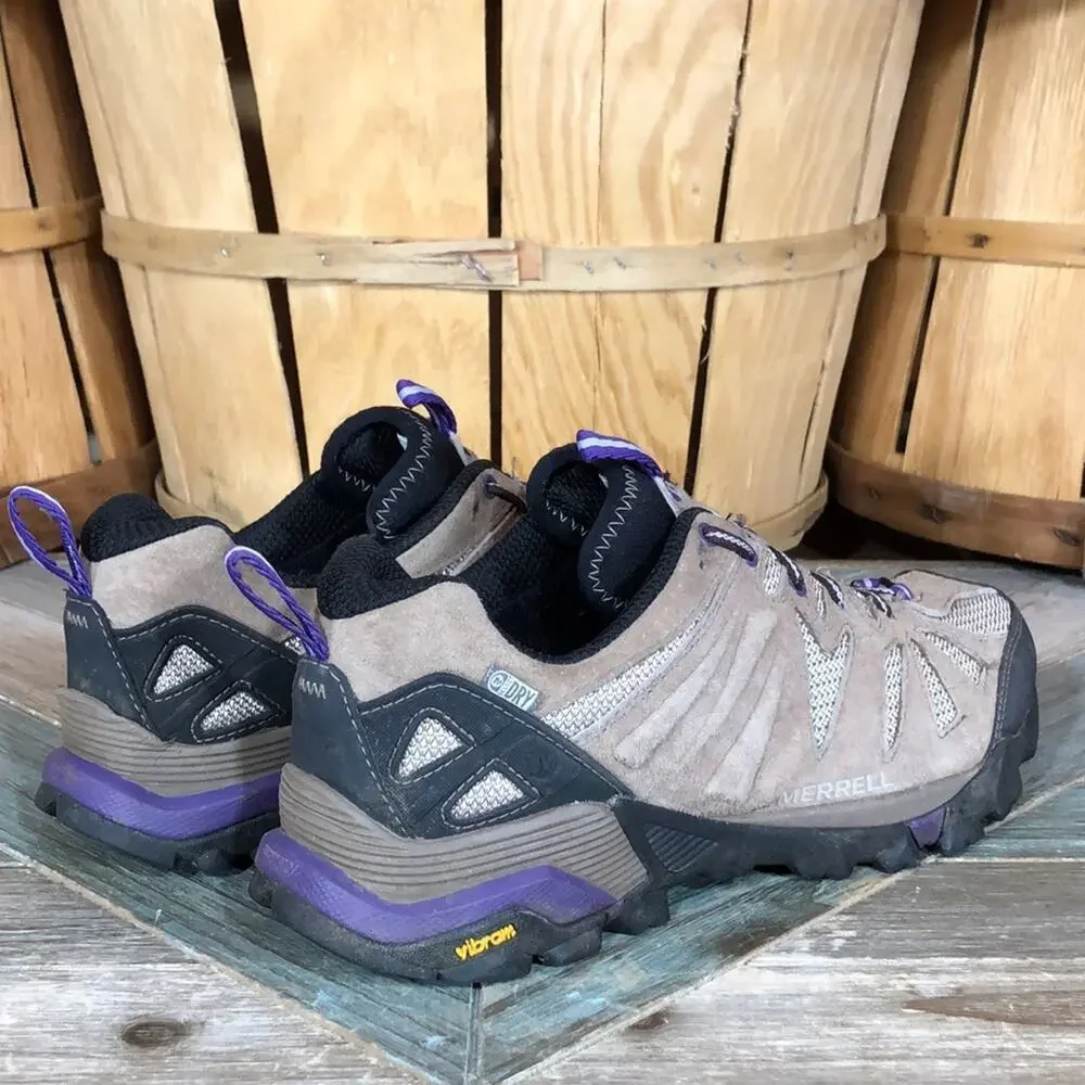 Merrell Capra Low Tan Suede Purple Waterproof Vibram Hiking Shoes Women Size 9.5